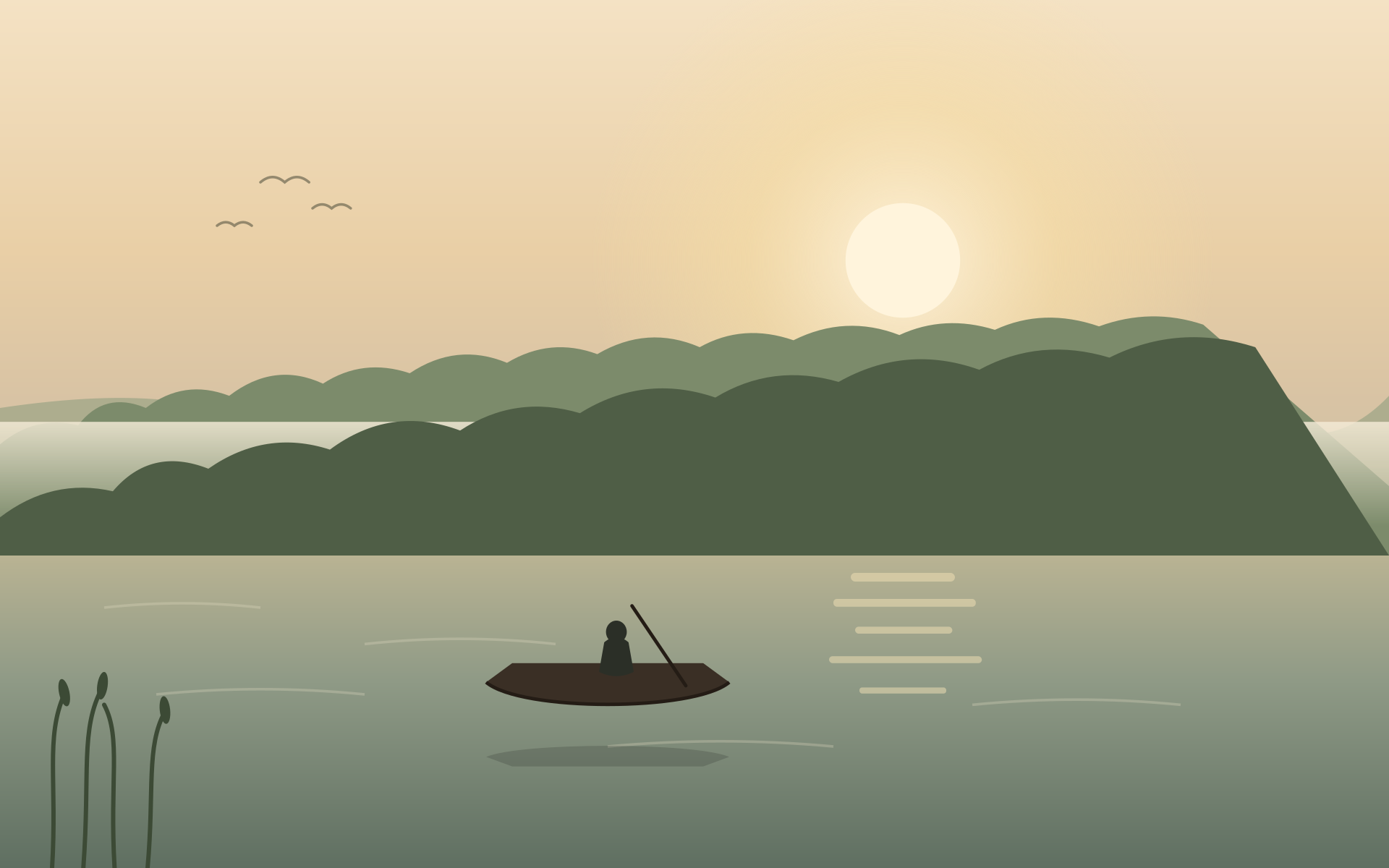 Illustration of a small boat crossing Riau’s forest and peatland landscape at dawn.